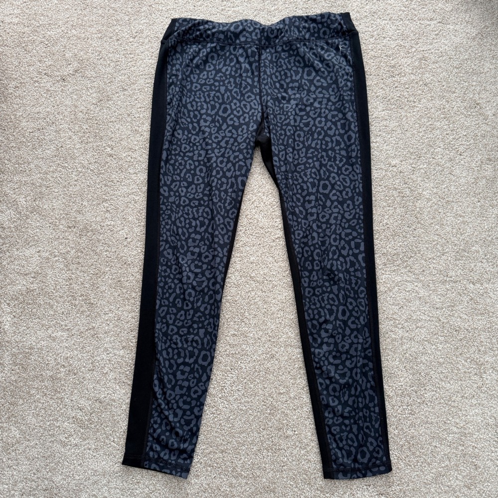 Danskin Now Leggings Womens L Black Gray Leopard Print Dri-More Athletic Tights